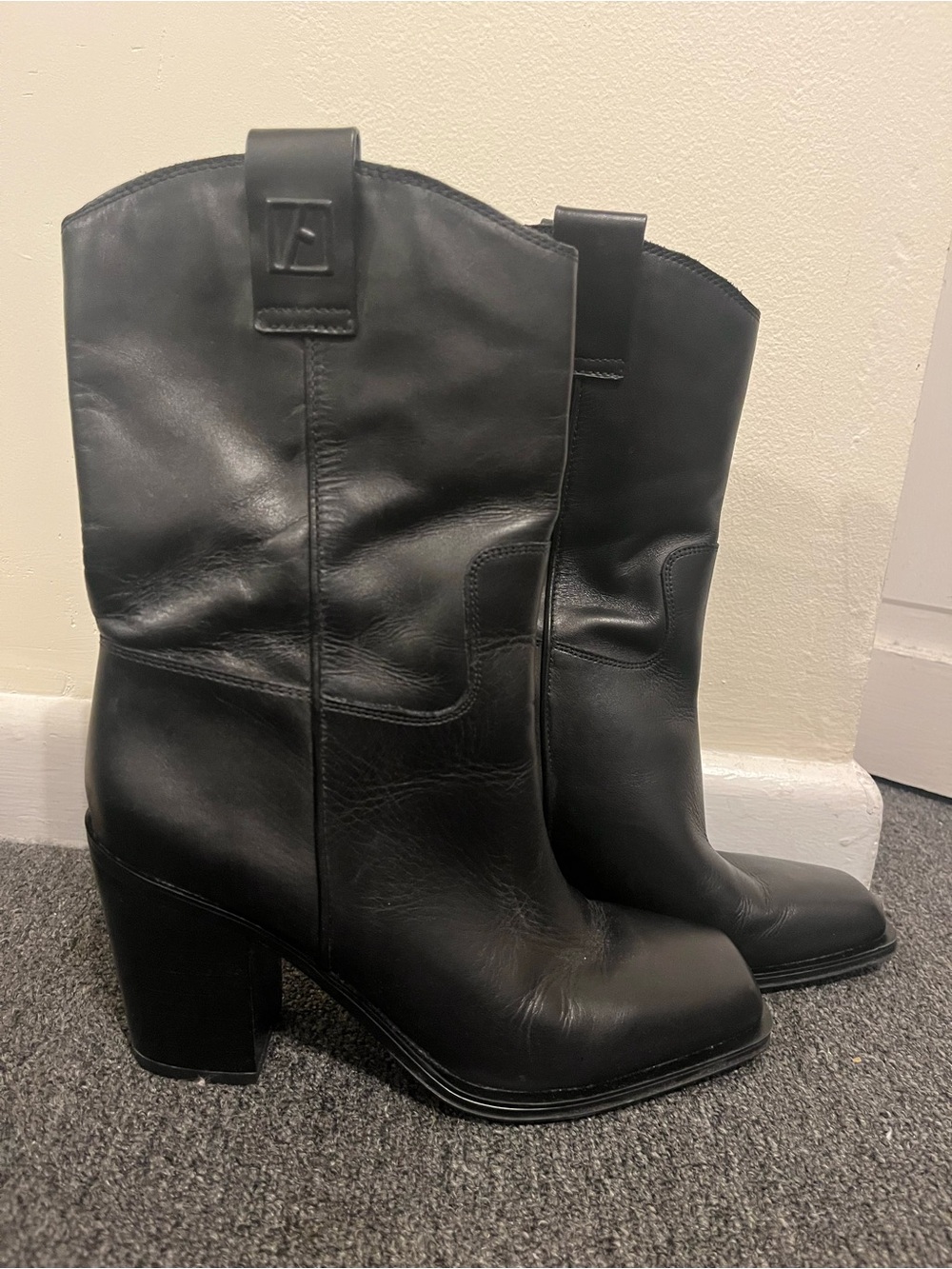 Franco Sarto Black Mid-Calf Square Toe Western Block Heel Boots - Size 8.5